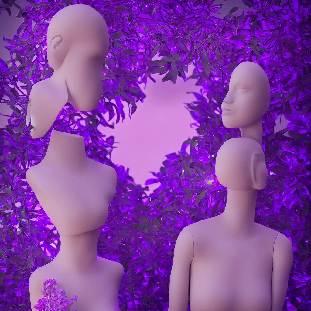 Image similar to beautiful mannequin sculpted out of amethyst by billelis + lit with 3 d geometric neon + facing a doorway opening with neon pink geometric fractal light + flowering hosta plants!!!, moon in background!, rule of thirds, clean linework, dramatic, award winning, 4 k, trending on artstation, photorealistic, volumetric lighting, octane render