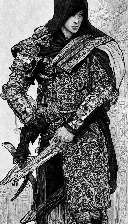 Image similar to a black and white ink fine ink drawing of a thief, from of thrones, in leather armor, fibonacci, sweat drops, intricate fashion clothing, concept art, smooth, sharp focus, portrait, illustration, art by alphonse mucha and travis charest