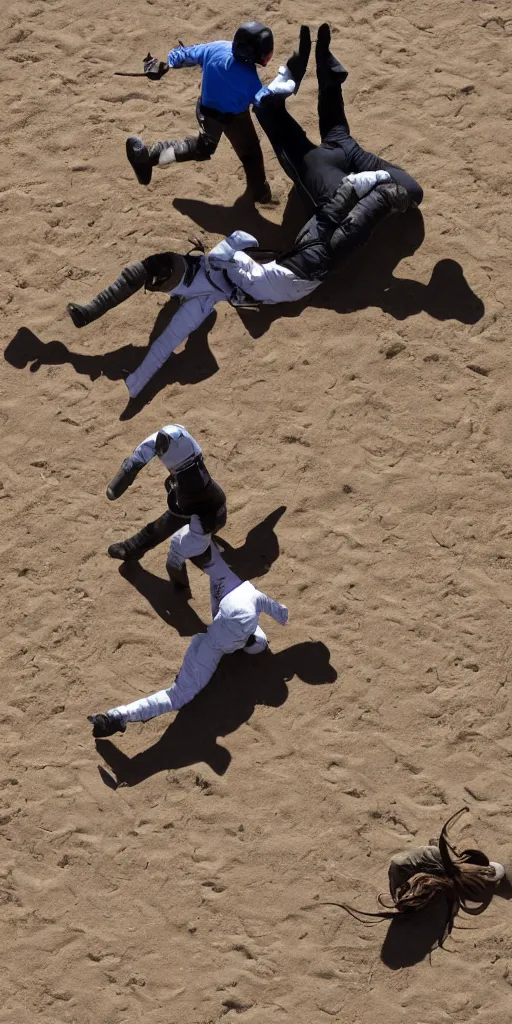 Image similar to horse wrestles astronaut on all fours on hands and knees in grappling in closed guard on mount position