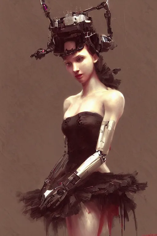 Prompt: sitting beautiful painting of a crowned robotic cyberpunk ballerina in a gothic dark flowing tutu intricate, elegant, highly detailed, digital painting, artstation, concept art, by krenz cushart and artem demura and william adolph bouguereau