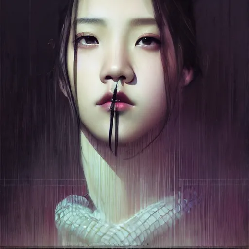 Image similar to jisoo of blackpink, snake, hyperrealistic portrait, bladerunner street, by karol bak and agnes cecile, album cover, fantasy art, photo realistic, dynamic lighting, artstation, poster, volumetric lighting, very detailed face, 8 k, award winning