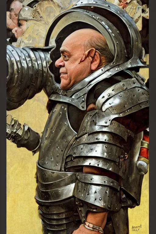 Image similar to portrait of danny devito in futuristic metal armour by norman rockwell and mandy jurgens and john singer sargent