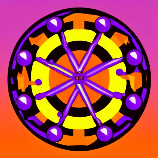 Image similar to a logo design based on electron oribals, radial symmetry, simplistic, orange and purple color scheme