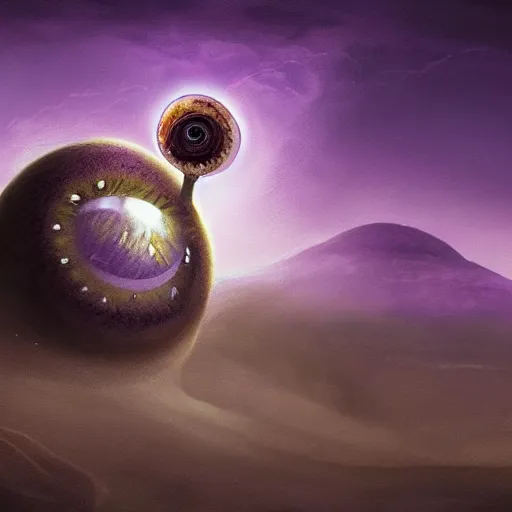 Image similar to epic portrait an giant eyeball with giant arms watching the purple foggy dark landscapes, sand, purple dark foggy sky, digital painting, artstation, concept art, soft light, hdri, smooth, sharp focus, illustration, fantasy, intricate, elegant, highly detailed, D&D, matte painting, in the style of Greg Rutkowski and Alphonse Mucha and artemisia, 8k, highly detailed, jurgens, rutkowski, bouguereau, pastoral, rustic, georgic