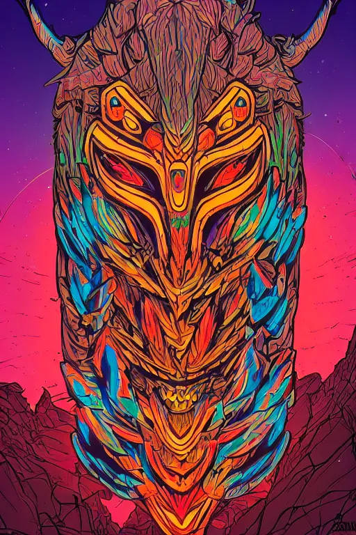 Image similar to totem animal tribal chaman vodoo mask feather gemstone plant wood rock video game illustration vivid color borderlands by josan gonzales and dan mumford radiating a glowing aura