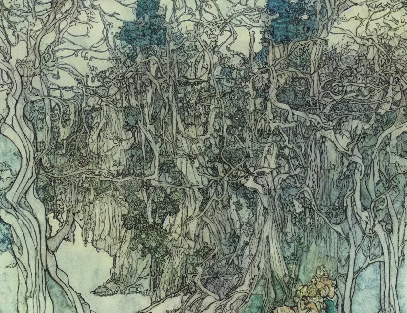 Image similar to a detailed, intricate watercolor and ink illustration with fine lines of the view from the river of an art nouveau rivendell, by arthur rackham and edmund dulac and lisbeth zwerger