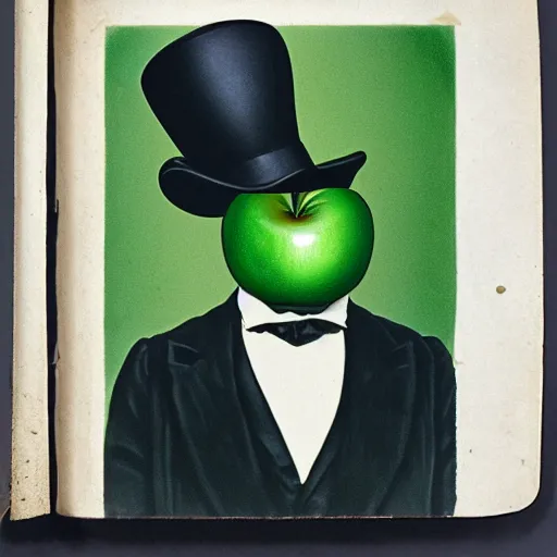 Prompt: Victorian gentlemen wearing a bowler hat looking on a green apple, in the style of rene magritte, 1900s photo