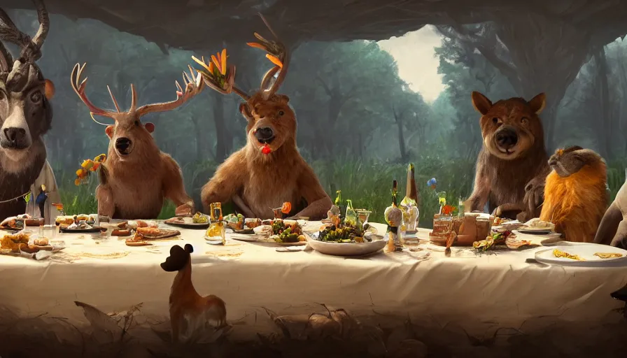 Image similar to a table dinner of animals where animals are dressed like the characters from the midsommar movie, realistic detailed digital art by maxwell boas jessica rossier christian dimitrov anton fadeev trending on artstation cgsociety rendered in unreal engine 4 k hq