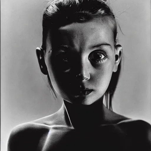 Image similar to high quality high detail portrait by philippe halsman, hd, intense unsettling look in the eyes, photorealistic lighting