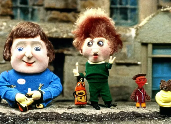 Image similar to a scene from a 1 9 7 0 s british kids tv programme by the bbc and oliver postgate, stop motion animation, postman pat, vhs distortion, folk horror