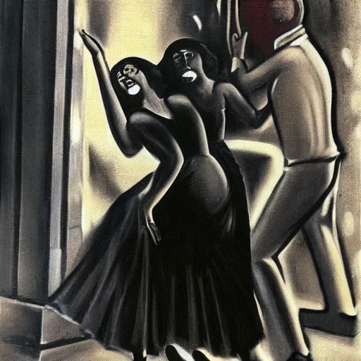 Prompt: This street art was painted in 1937 during the Guerra Civil Española. The woman in the street art is weeping. She is wearing a black dress and a black veil. Her face is distorted by grief. The street art is dark and somber. afrofuturism by Dora Maar, by Heywood Hardy loose, lively