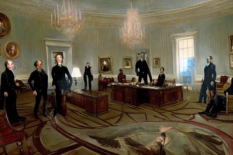 Image similar to a grand portrait of a tall terrifying alien president in the white house oval office. majestic room. he is surrounded by advisors. in the style of american impressionist painting. in the style of 1 8 0 0 s romanticism painting. in the victorian era. fantastic composition. dramatic lighting.