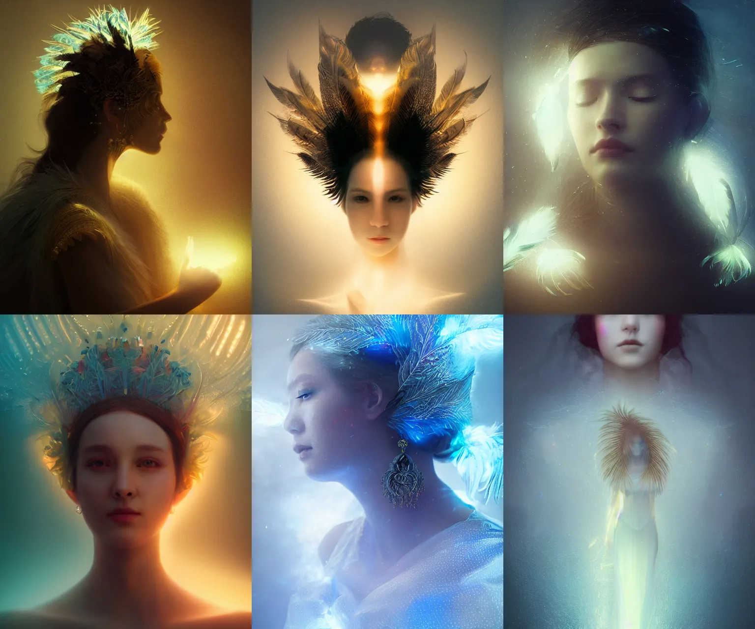 Prompt: portrait of queen of light, backlit, silhouette, feathers, fractals, jewelry, emissive, volumetric lights, soft focus, first light, by ruan jia and wlop and karol bak