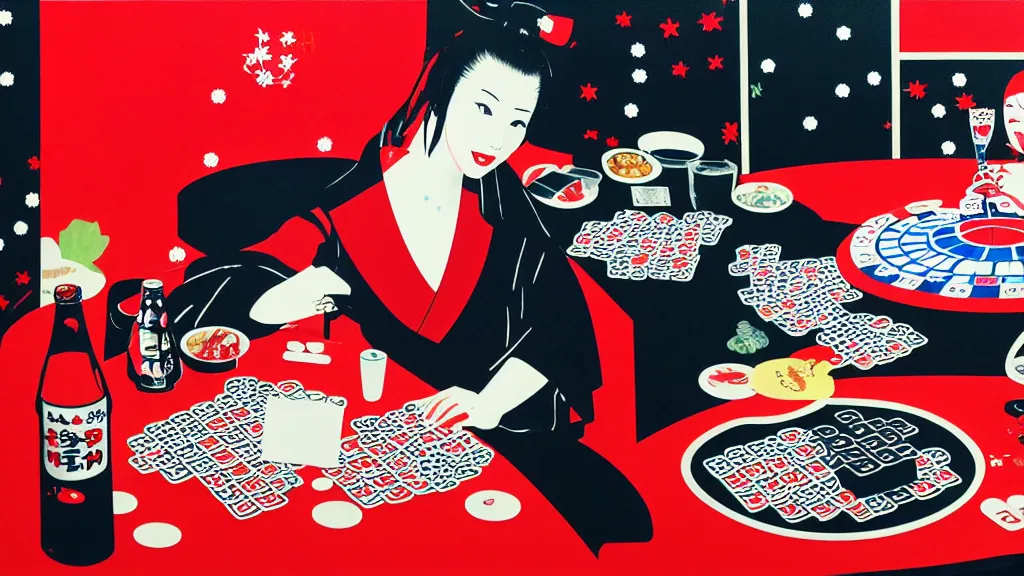 Prompt: single woman in a japanese kimono sitting at an extremely detailed poker table with the detailed darth vader, sake, coca cola, donuts, on the table, fireworks and stars on the background, by andy warhol, by roy liechtestein, canvas, acrylic paint, cool color palette, masterpiece, 4 k, ultra - hd