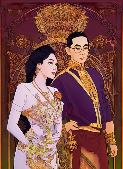 Prompt: well - lit art nouveau portrait of queen sirikrit and king bhumibol adulyadej of thailand, winatural lighting, path traced, real face, thai elegant traditional costume, highly detailed, high quality, cartoon, digital painting, by don bluth and ross tran and studio ghibli and alphonse mucha