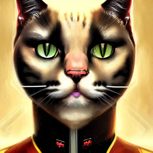 Prompt: UHD Photorealistic Feline-human hybrid Starfleet Officer with cybernetic implants, hyperrealistic, correct details, cosmic dynamic lighting, symmetrical face, accurate face, by Greg Rutkowski