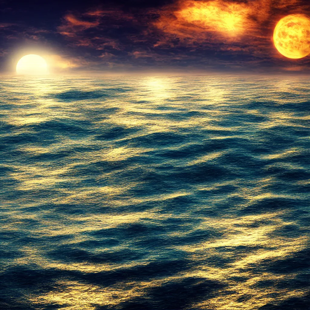 Image similar to photorealistic photograph of the ocean surface inside the sky highlighting the moon, vivid colors, moody, 4k