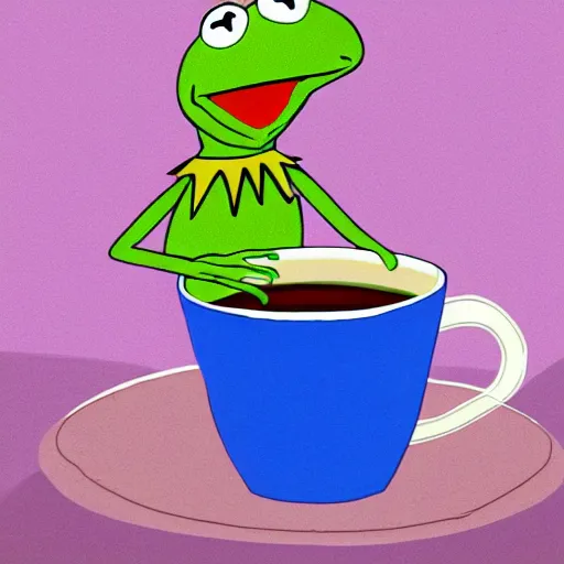 Prompt: kermit the frog drinking a cup of tea