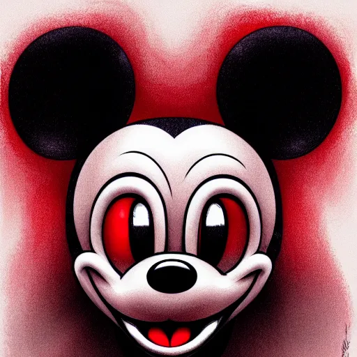 Image similar to Portrait of an evil looking Mickey Mouse, red flames in eyes, fantasy, D&D, horror, creepy, twisted, intricate, highly detailed, digital painting, trending on artstation, sharp focus, illustration, style of Stanley Artgerm