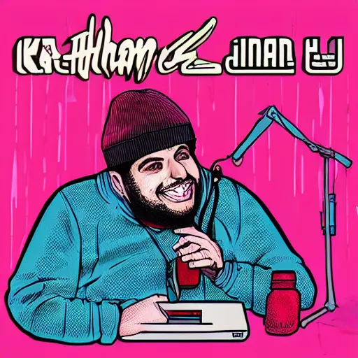 Image similar to ethan klein from h3h3, overweight, hosting a podcast, high quality digital art by mad dog jones, synthwave style