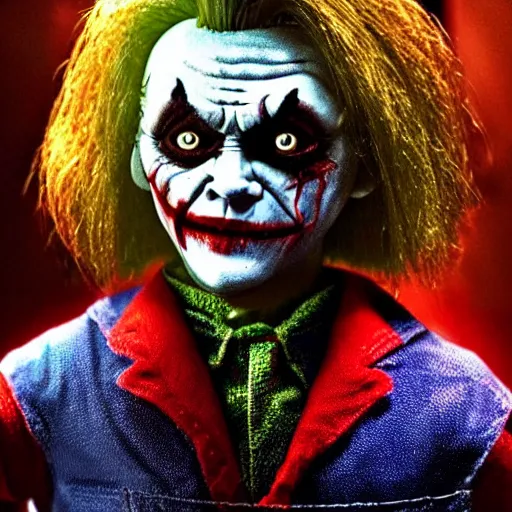 Image similar to scary creepy evil Chucky the killer doll from the movie Child's Play as The Joker movie still