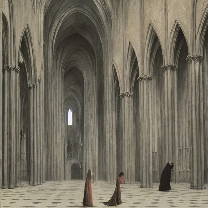 Prompt: woman in black robes, back to us, in magnificent cathedral like structure that sell fruit, artstation, art by edward hopper, zdislav beksinski, wayne barlowe, edward hopper