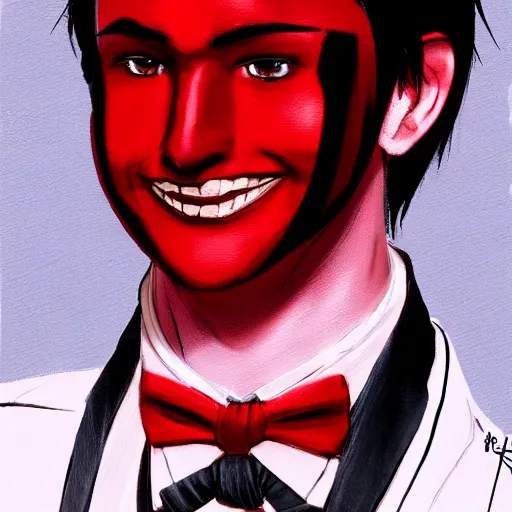 Image similar to full face shot of a handsome butler with straight black hair, a red streak in his hair, with black and red eyes, shy smile, fancy, ultra detailed, brush strokes, digital painting, cinematic, wlop artstation, pixiv, yoshitaka amano, andy warhol, ultra realistic,