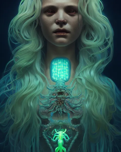 Image similar to portrait of a creepy bioluminescent monster, highly detailed, digital painting, cinematic, hyperrealism, dark retrowave, art by stanley lau and artgerm and magali villeneuve and alphonse mucha, artstation hd, octane render, cgsociety