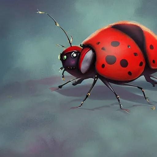 Image similar to ladybug as a monster boss, fantasy art style, scary atmosphere, nightmare - like dream