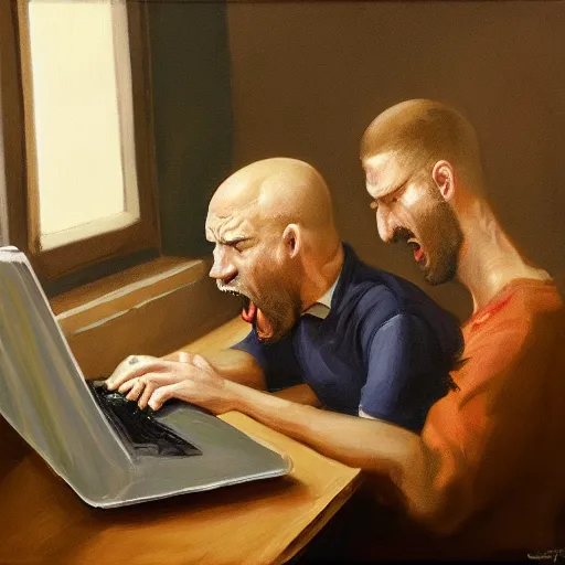 Image similar to an angry man yells at his computer monitor, oil on canvas, highly detailed