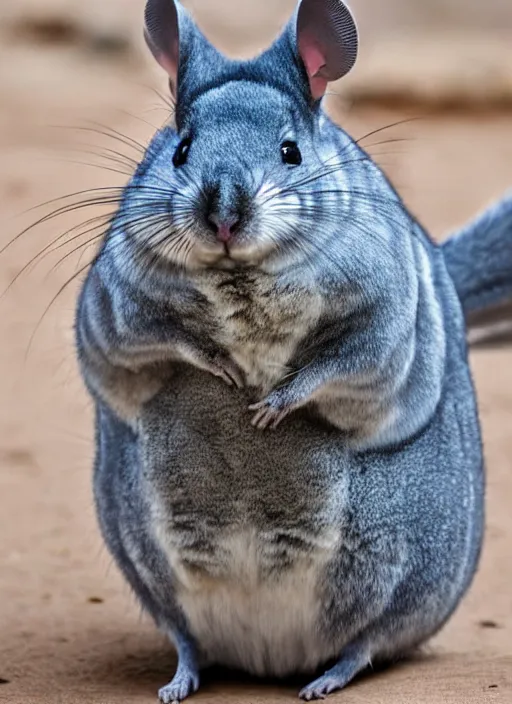 Prompt: chinchilla with strong, muscular body. big and fluffy rodent man. desert survivor.