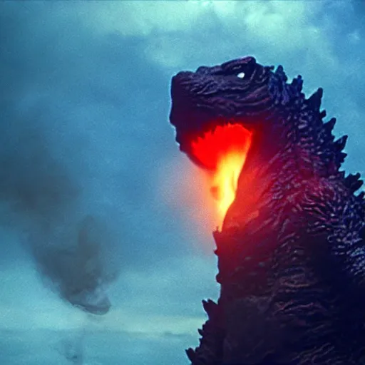 Prompt: godzilla exhaling a large hit from his bong, movie still, cinematic lighting