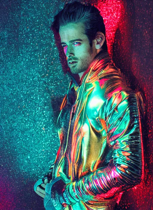 Image similar to photo of baroque and bladerunner delicate neon ruby sculpture of seductive albino king william levy tigers orange iridescent humanoid deity wearing metallic hoody made out of leaves holding the sun prismatic dungeon, glowing rainbow face, crown of white diamonds, cinematic lighting, photorealistic, octane render 8 k depth of field 3 d