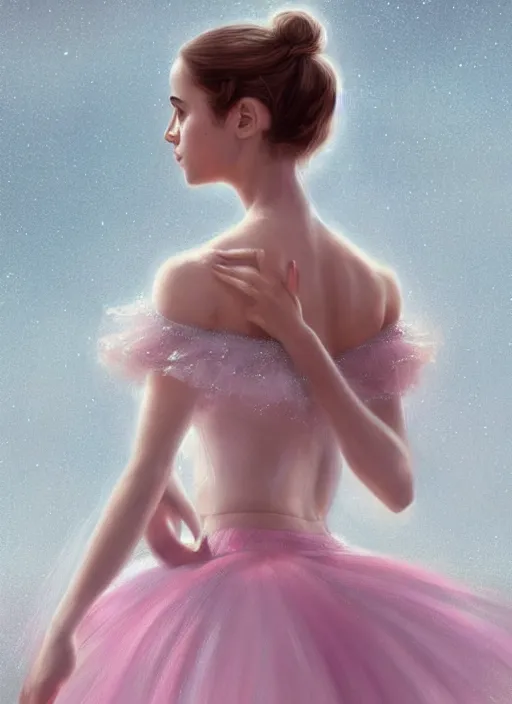 Image similar to emma watson as ballerina, ballet pose, long hair, skirt and t-shirt, soft pink and white transparent cloth, space, D&D, shiny background, intricate, elegant, highly detailed, digital painting, artstation, concept art, smooth, sharp focus, illustration, artgerm, bouguereau