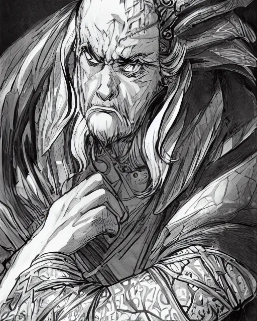 Image similar to An old man looking into a mirror, black and white, fantasy art, in the style of masami kurumada, illustration, epic, fantasy, intricate, hyper detailed, artstation, concept art, smooth, sharp focus, ray tracing