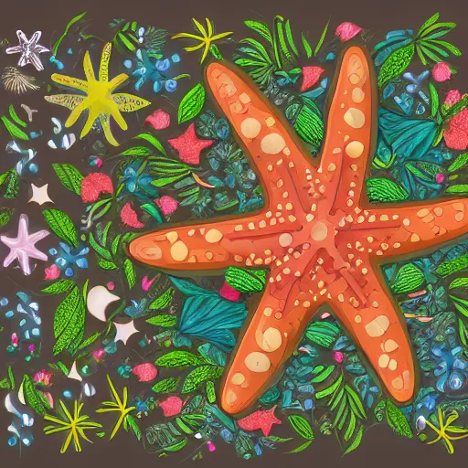 Prompt: illustration of a beautiful cyborg starfish overgrown with shells and flowers. matte background hd!