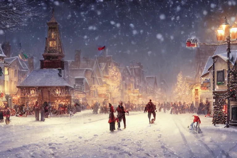Image similar to a giant guillotine with christmas lights in the center of town, matte painting, concept art, digital art, trending on artstation, 4 k, extremely detailed, realistic, snowing, by norman rockwell, cinematic, epic
