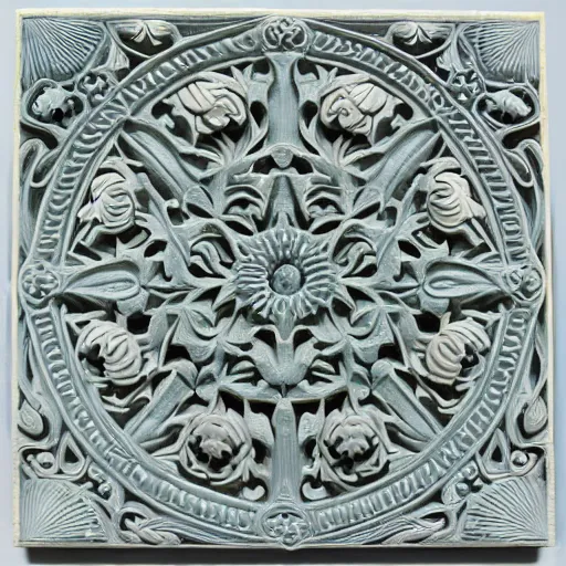 Prompt: fractals, maze, ernst haeckel, carved soapstone relief paneling white and pale blue