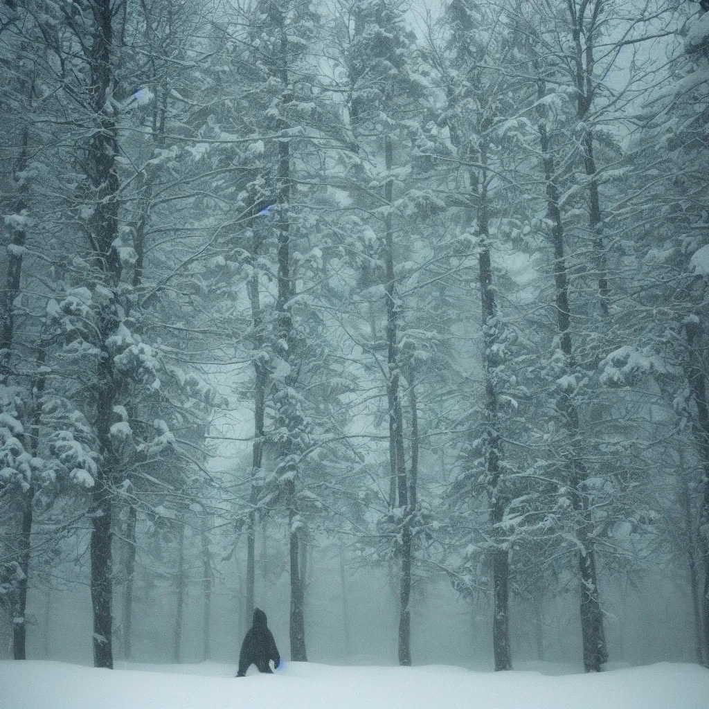 Image similar to photo, bigfoot is hiding in the background. cold color temperature, snow storm. hazy atmosphere. humidity haze. kodak ektachrome, greenish expired film, award winning, low contrast