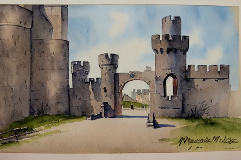 Image similar to 1950s castle gate with drawbridge muted colors. watercolor Jean-Baptiste Monge