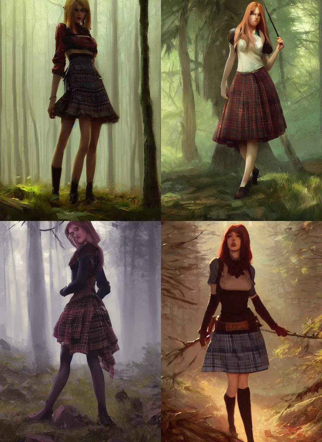 Prompt: beautiful woman in plaid miniskirt standing in a dark forest, rpg character art, by jeremy lipking, by greg rutkowski, digital drawing, gorgeous face, octane render, trending on artstation