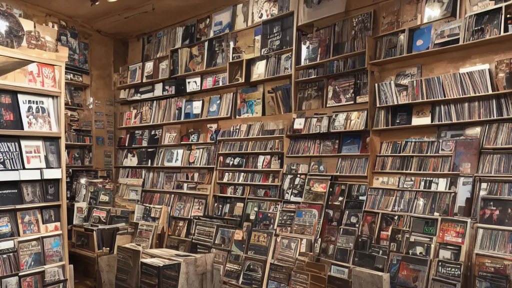 Prompt: Interior of a record store with a window that gives a view of Ancient Mesopotamia, 4K, iPhone picture