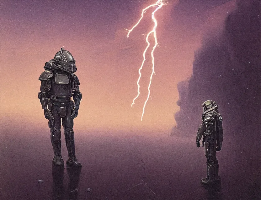 Prompt: a detailed portrait painting of a lone bounty hunter wearing combat armour and a reflective visor. Head and chest only. Movie scene, cinematic sci-fi scene. Flight suit, cloth and metal, accurate anatomy. portrait symmetrical and science fiction theme with lightning, aurora lighting. clouds and stars. Futurism by beksinski carl spitzweg moebius and tuomas korpi. baroque elements. baroque element. intricate artwork by caravaggio. Oil painting. Trending on artstation. 8k