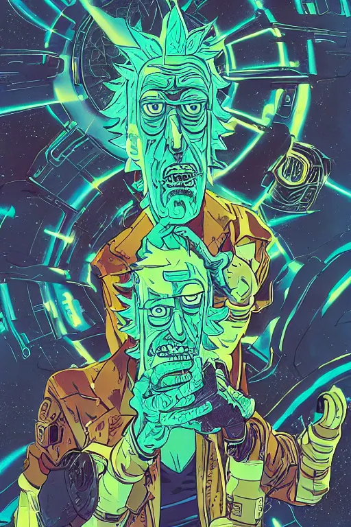 Image similar to Christopher Lloyd as Rick Sanchez, Rick and Morty save the multiverse, science fiction, retro cover, high details, intricate details, by vincent di fate, artgerm julie bell beeple, 60s, inking, vintage 60s print, screen print