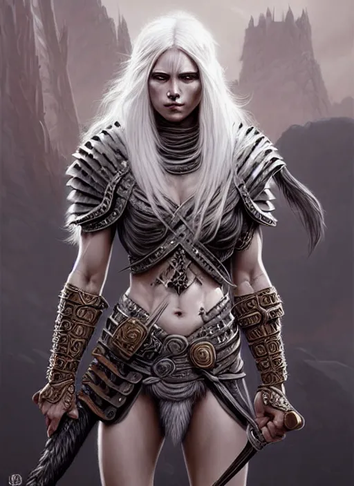 Image similar to barbarian, plated armor!!! long wild white hair!! covered chest!!! fantasy, d & d, intricate ornate details, digital painting, pretty face!!, symmetry, concept art, sharp focus, illustration, art by artgerm! greg rutkowski magali villeneuve wlop! ilya kuvshinov!!, octane render