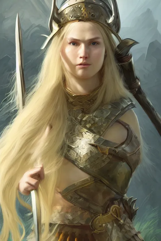 Prompt: ultra detailed powerful female viking, blond long hair, green eyes, axe, battle ready, sharp bone structure, extremely detailed digital painting, in the style of fenghua zhong and ruan jia and jeremy lipking and peter mohrbacher, mystical colors, rim light, beautiful lighting, 8 k, stunning scene, raytracing, octane, trending on artstation