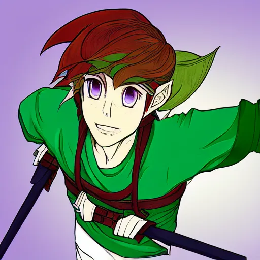 Prompt: portrait of Link in a colored manga, colored manga art style .