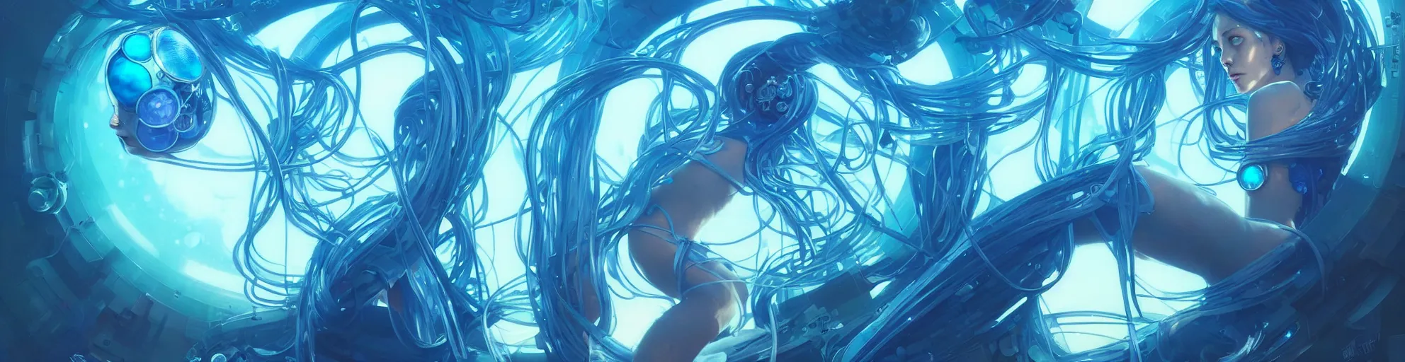 Prompt: cyberpunk jellyfish, blue tones, underwater, 360, highly detailed, digital painting, artstation, concept art, smooth, sharp focus, illustration, art by artgerm and greg rutkowski and alphonse mucha