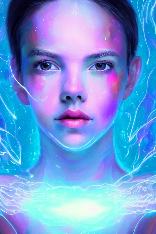 Image similar to a photorealistic painting of an attractive young girl, clothed in ethereal forcefields, surrounded by colorful transparent plasma, emitting psychic powers, beautiful bone structure, perfectly symmetrical face, perfect eyes, intricate, elegant, ultra-detailed, digital painting, concept art, illustration, sharp focus, minimal artifacts, volumetric lighting, from Valerian and the City of a Thousand Planets, in the style of Artgerm and Loish, fantasy scene, fantasy aesthetic, trending on Artstation and Tumblr, award winning