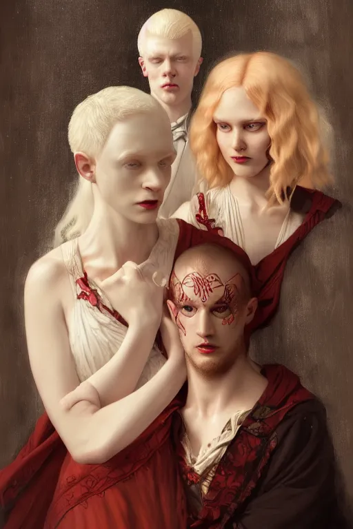 Image similar to a portrait of handsome young male albino Satan and his elegant beautiful albino wife, bored, illustration, dramatic lighting, soft details, painting oil on canvas, art nouveau, octane render, HDR, 4k, 8k, HD, by Edmund Blair Leighton, Brom, Charlie Bowater, trending on artstation, faces by Tom Bagshaw, Sargent